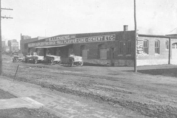 exterior of b lensing company building in early 1900s